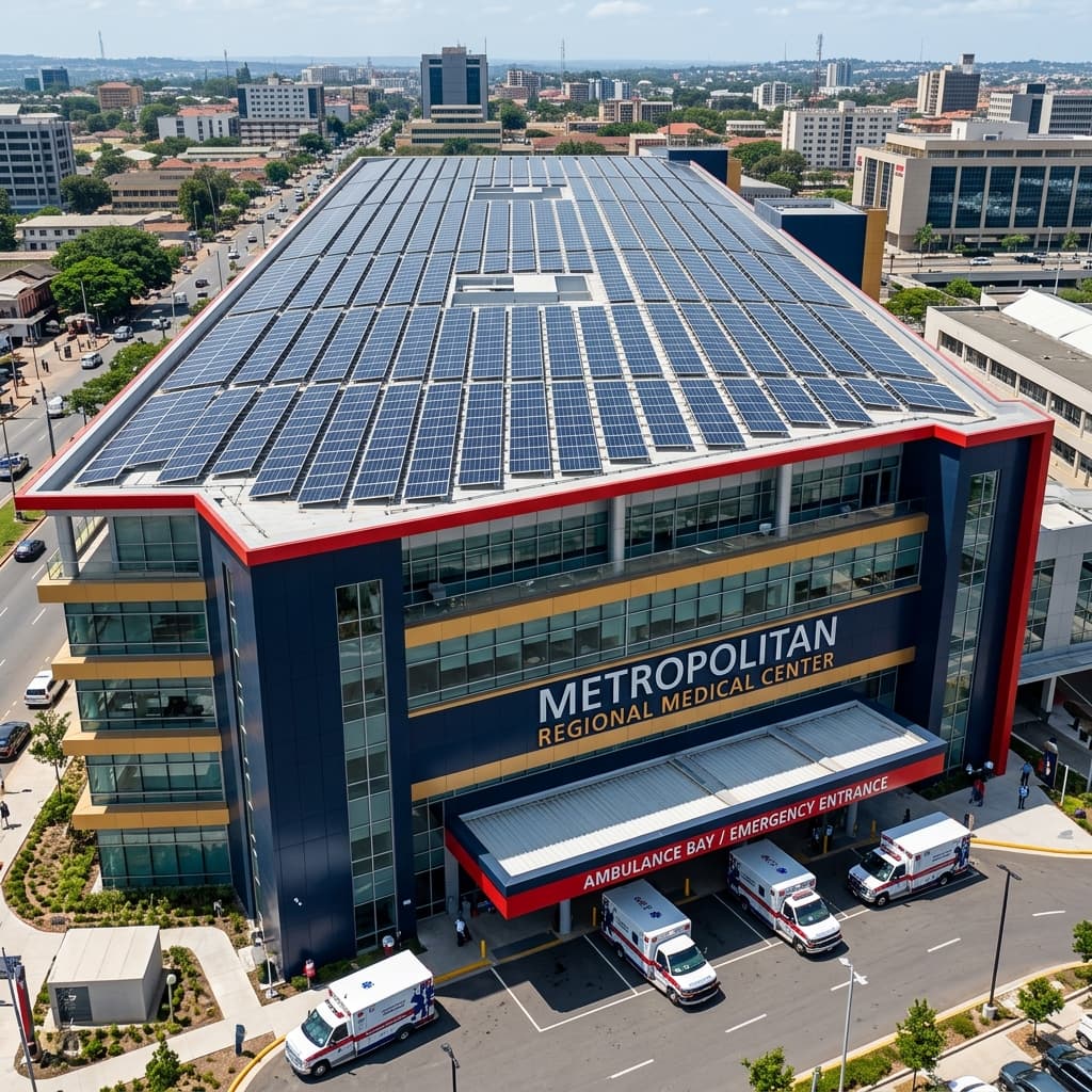 Clean energy solar panels and battery backup systems for healthcare hospitals