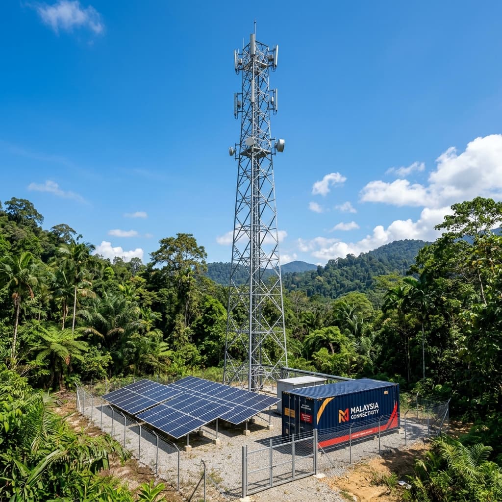 Rural telecommunications telco tower powered by solar panels and battery storage