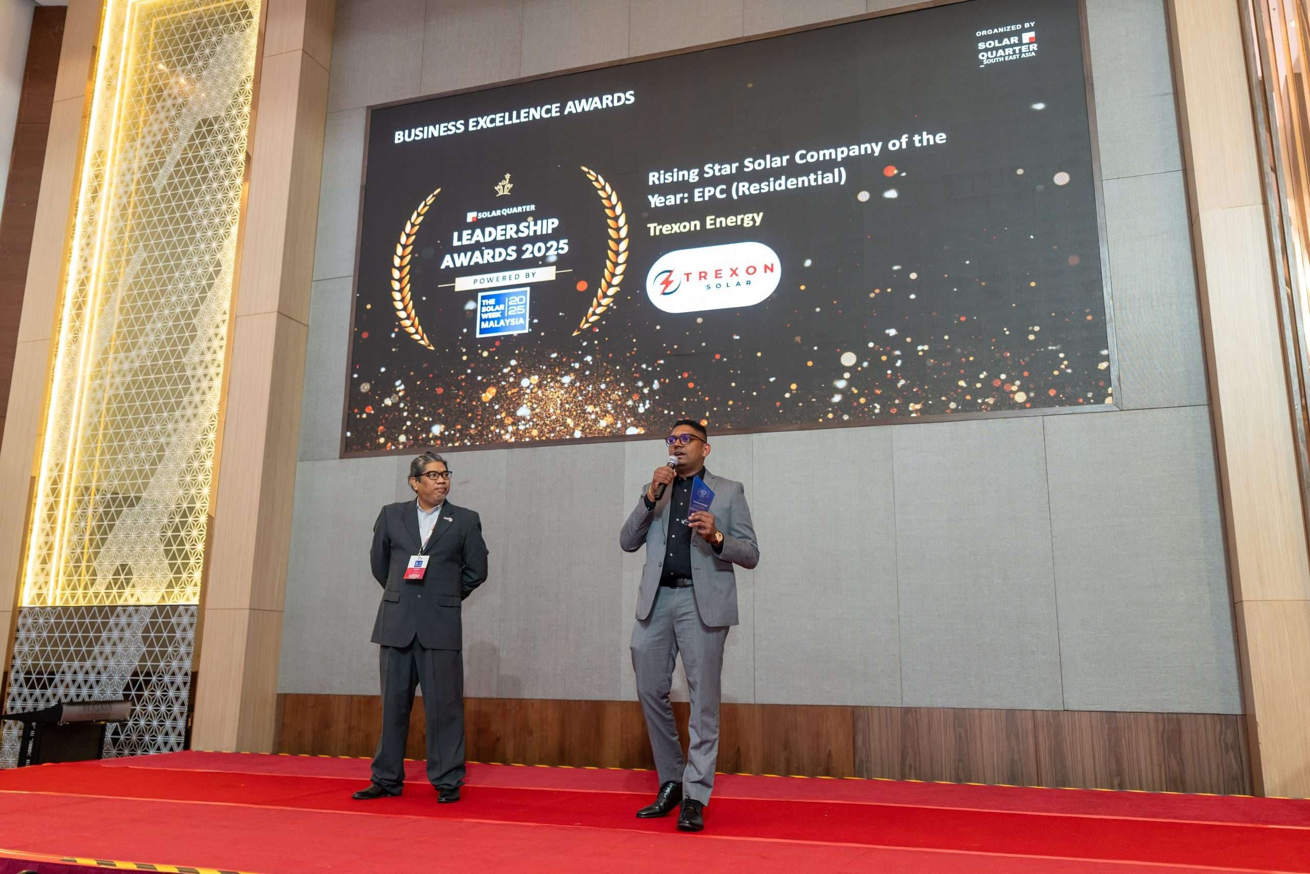 Chandra Rau, Founder and CEO of Trexon Energy, receiving Rising Star CEO of the Year award at Solar Week Malaysia 2025