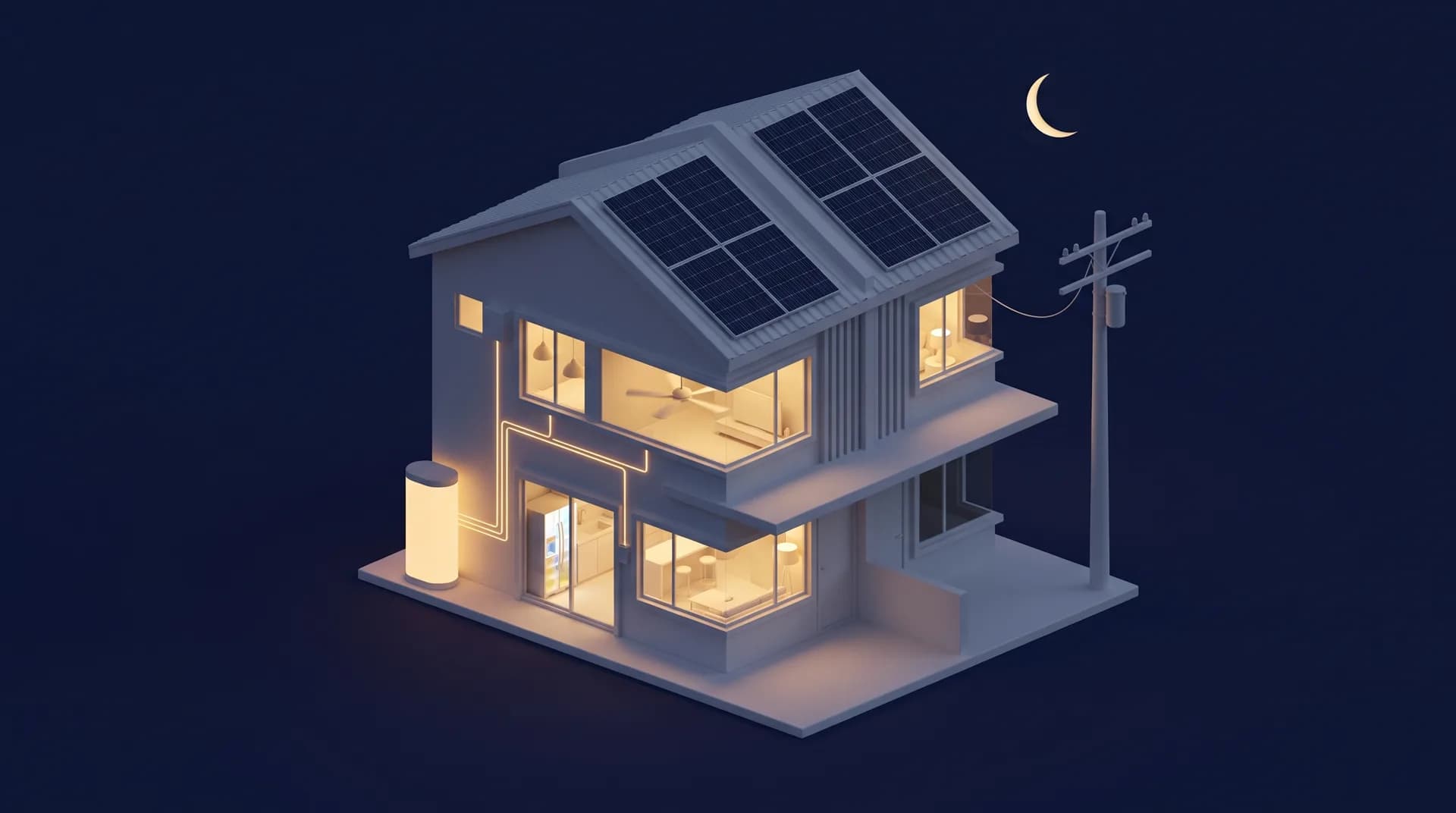 Isometric illustration of a solar home at night, with the home battery powering the lights and appliances