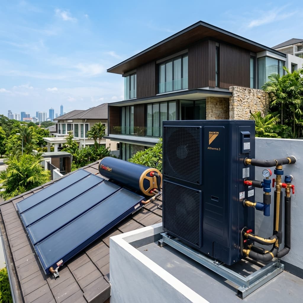 SIRIM-certified premium air-source heat pump and solar water heater installation