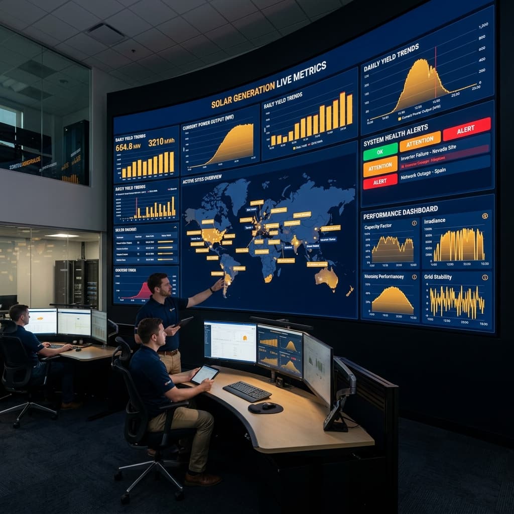 Solar monitoring control room showing real-time yield metrics and inverter alerts