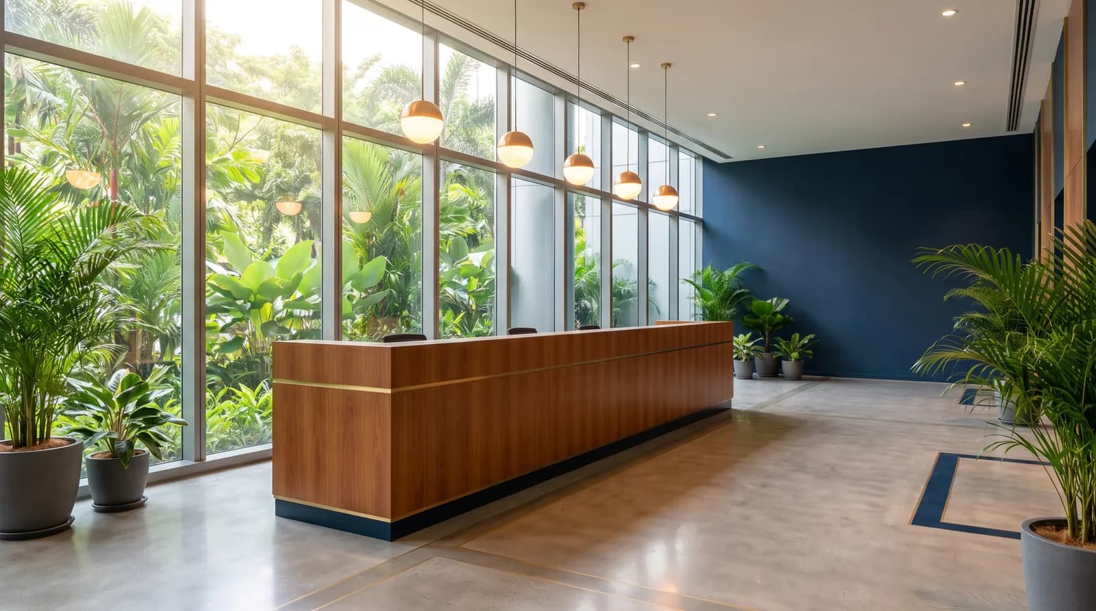 A bright office reception with a wooden counter and indoor plants