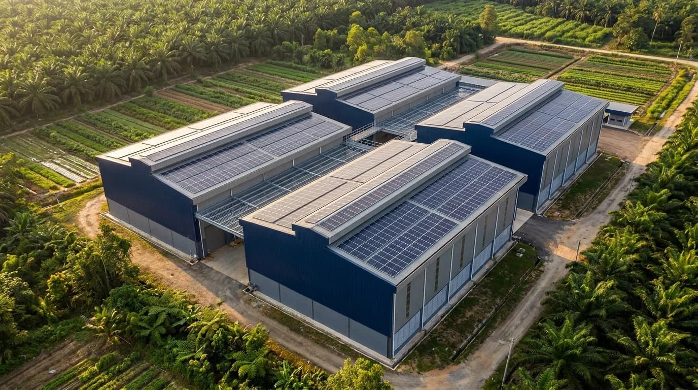 Konsep ilustrasi: Solar merentasi bumbung ladang dan kilang Malaysia