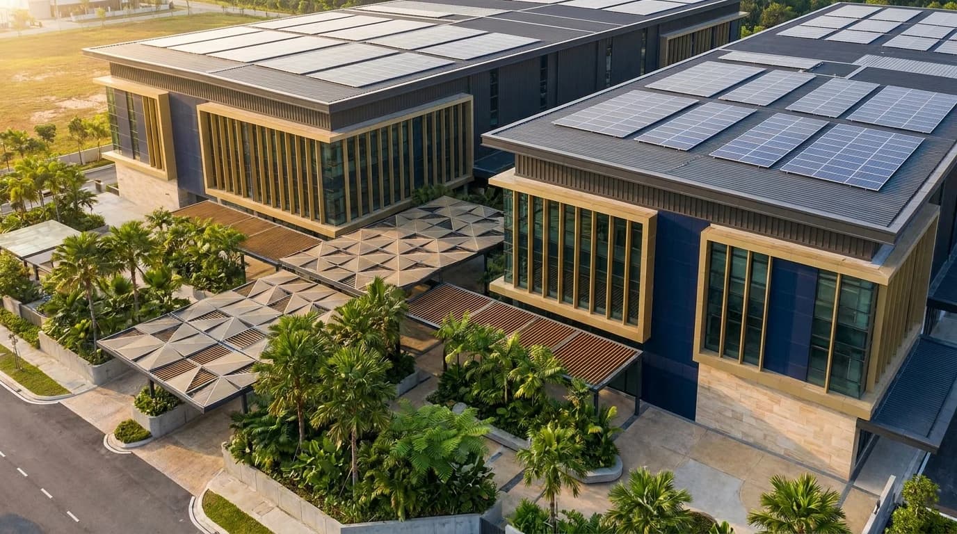 Konsep ilustrasi AI untuk sistem solar atas bumbung kilang di Malaysia