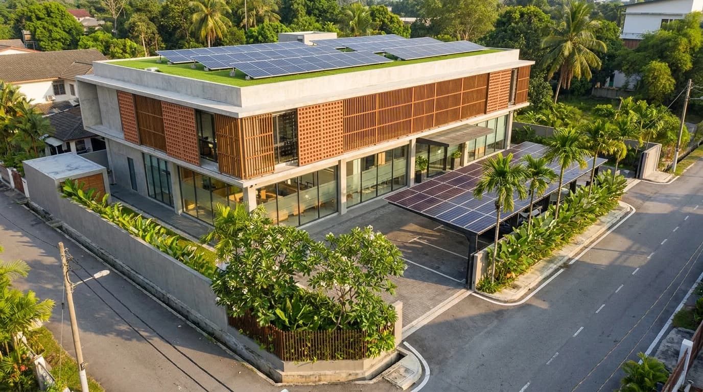Ilustrasi cawangan bank Malaysia dengan solar atas bumbung