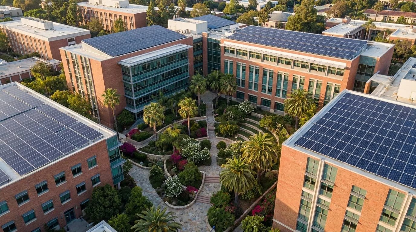 Ilustrasi kampus universiti Malaysia dengan solar atas bumbung