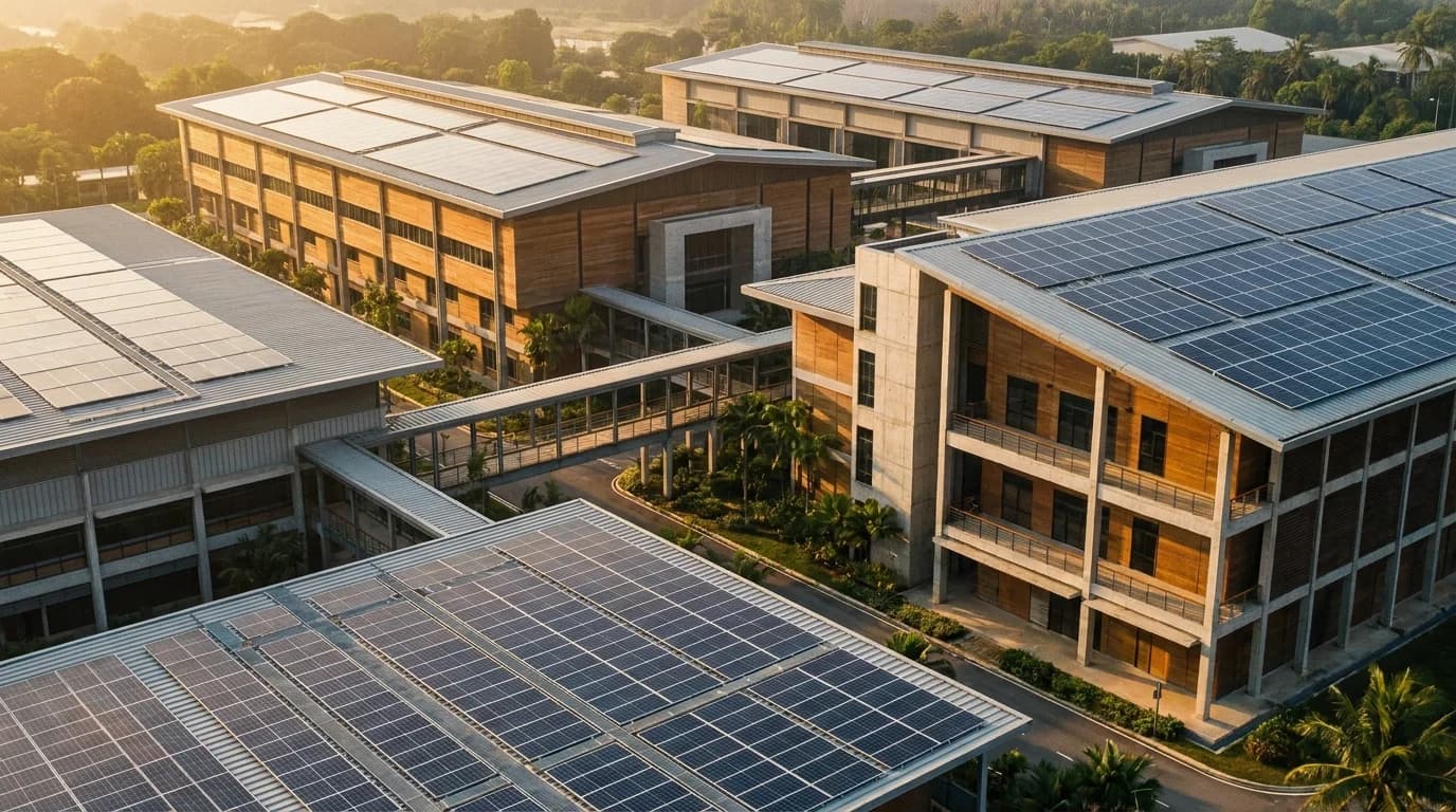 Konsep AI ilustrasi bagi solar komersial, berasingan daripada gambar projek
