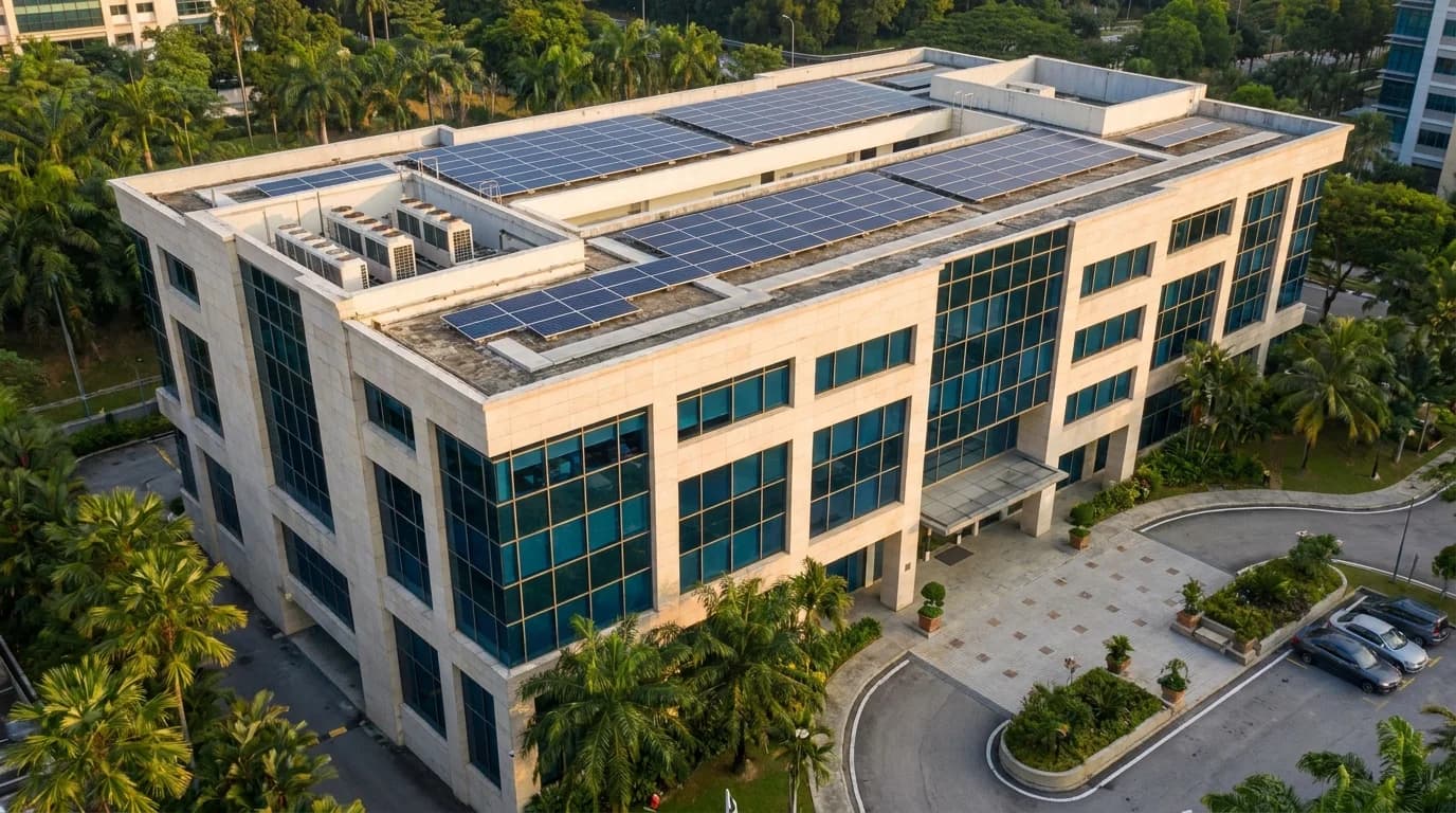 Ilustrasi bangunan pejabat komersial di Malaysia dengan tatasusunan solar atas bumbung dan landskap tropika