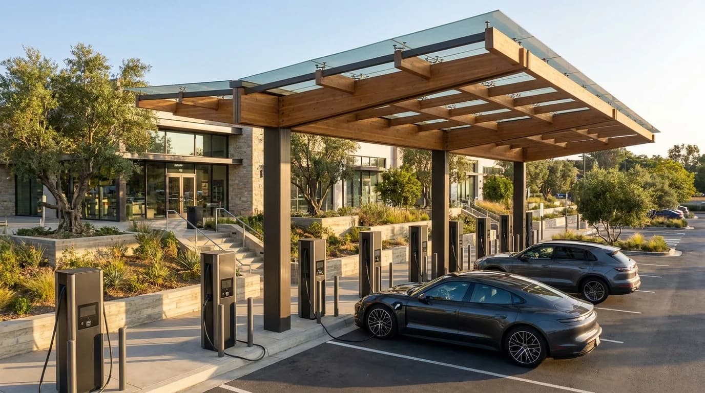 Illustrative AI concept of commercial EV charging stations sheltered under a solar panel carport