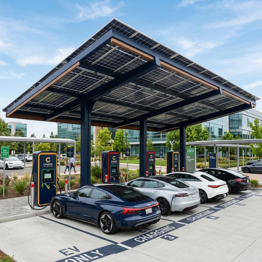 Commercial EV charging stations sheltered under a solar panel carport