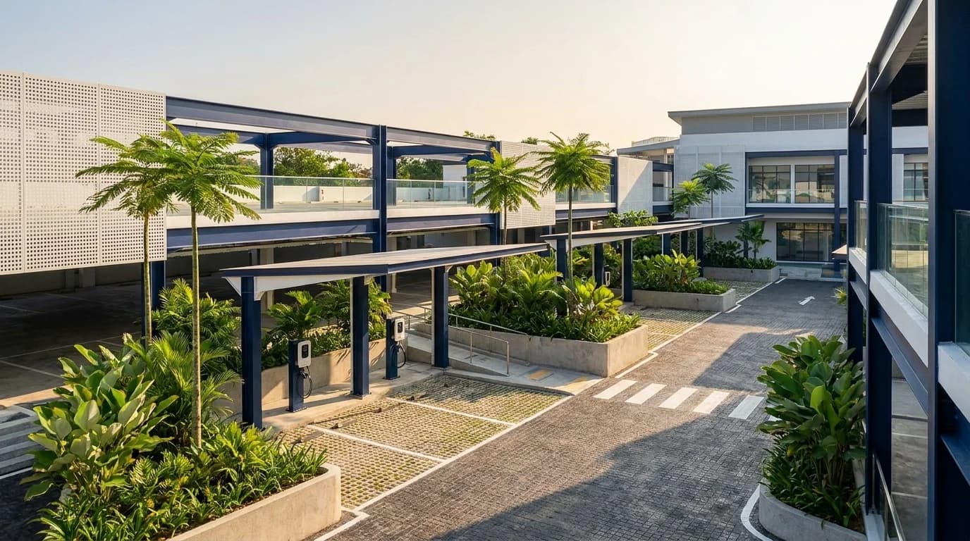 Konsep AI tempat letak kereta pengecasan kampus perubatan Malaysia dengan pengecas EV