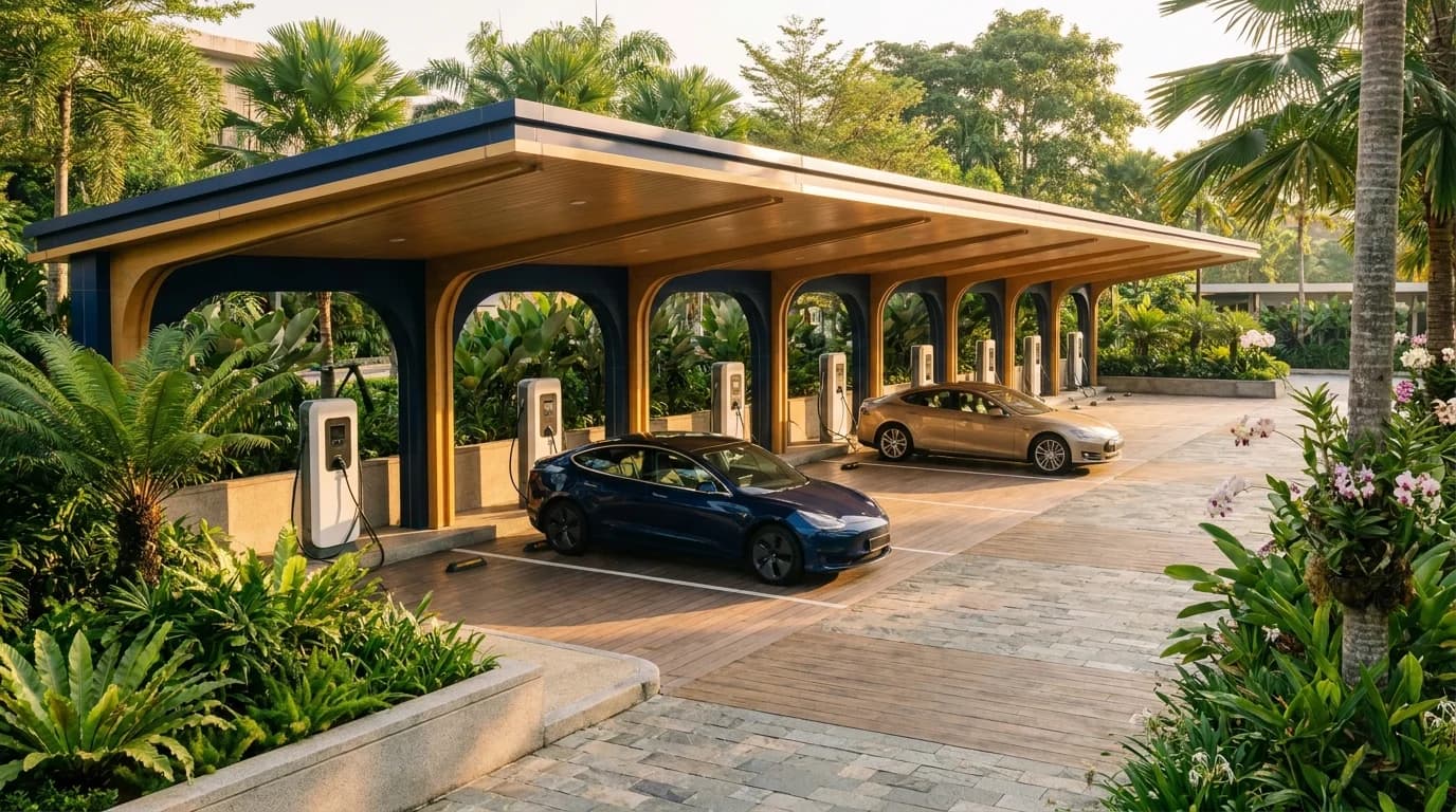 Konsep AI tempat letak kereta ketibaan hotel tropika Malaysia dengan pengecas EV