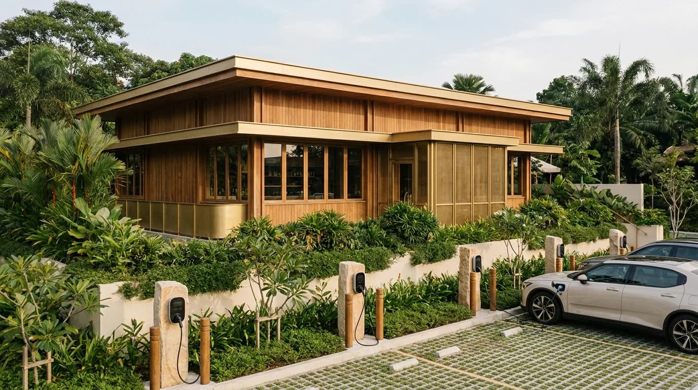 Konsep AI ilustrasi teres restoran Malaysia dengan tempat letak kereta pengecasan EV khusus