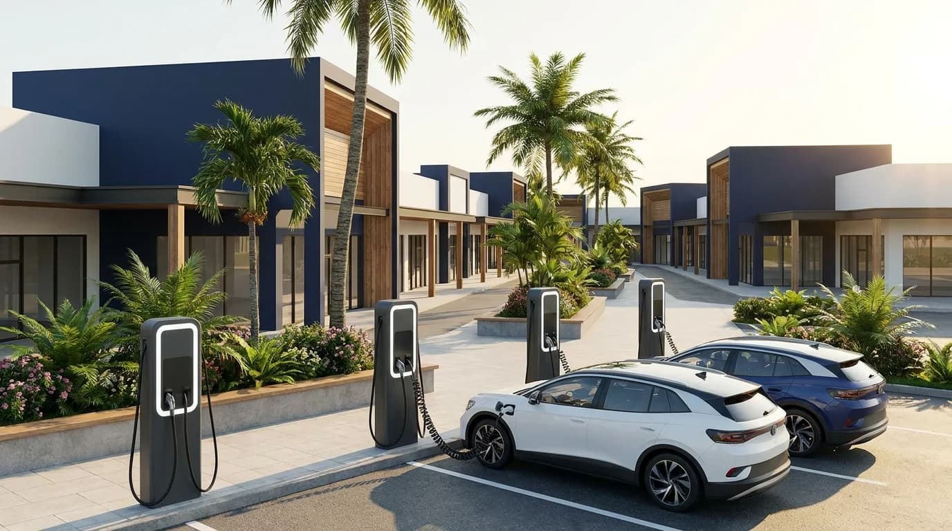 Konsep AI ilustrasi pengecasan EV destinasi di luar pusat membeli-belah Malaysia