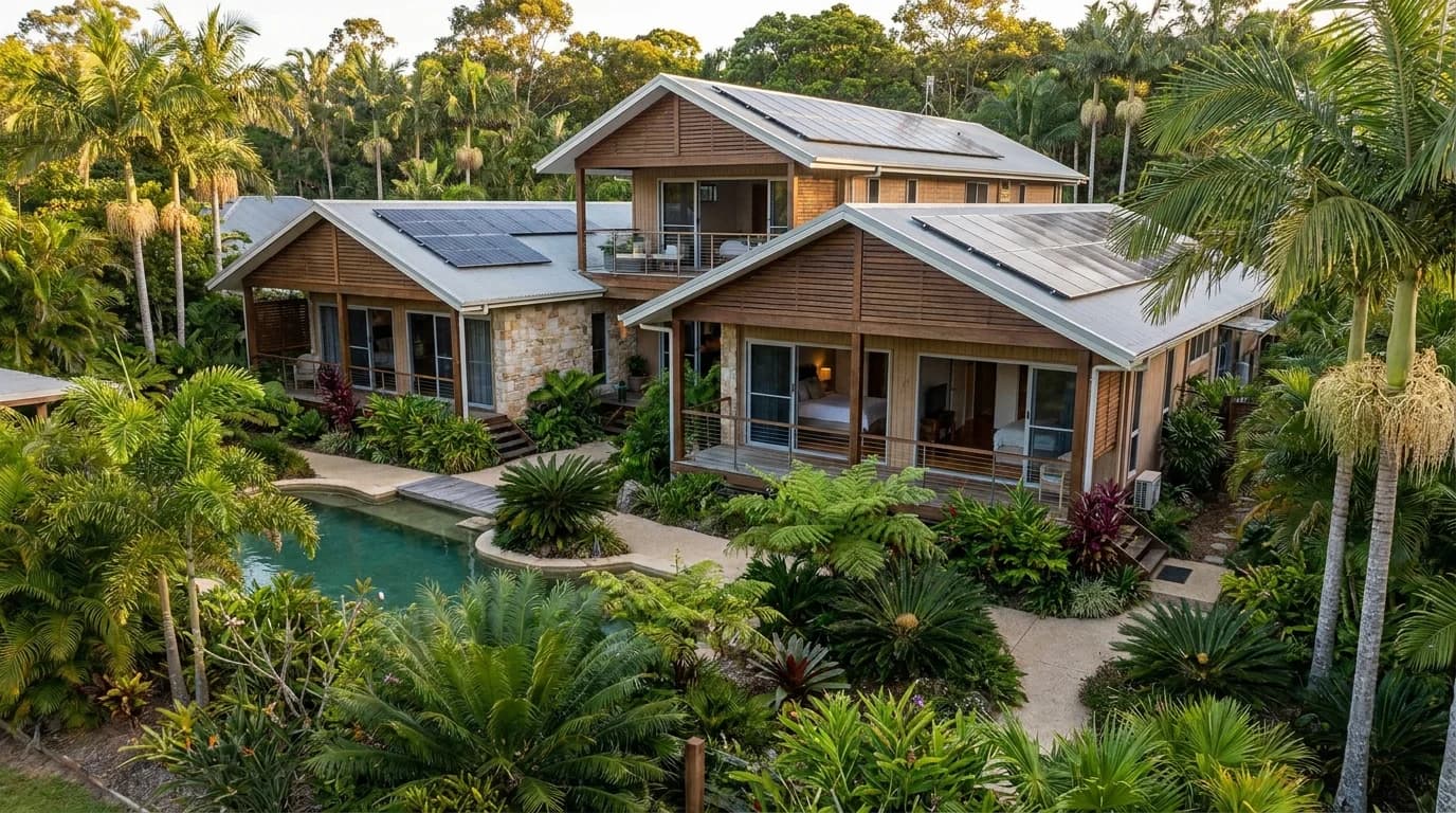 Homestay Malaysia berilustrasi dengan solar atas bumbung