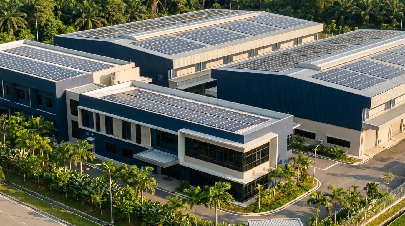 Konsep ilustrasi fasiliti kimia & petrokimia di Malaysia dengan panel solar atas bumbung