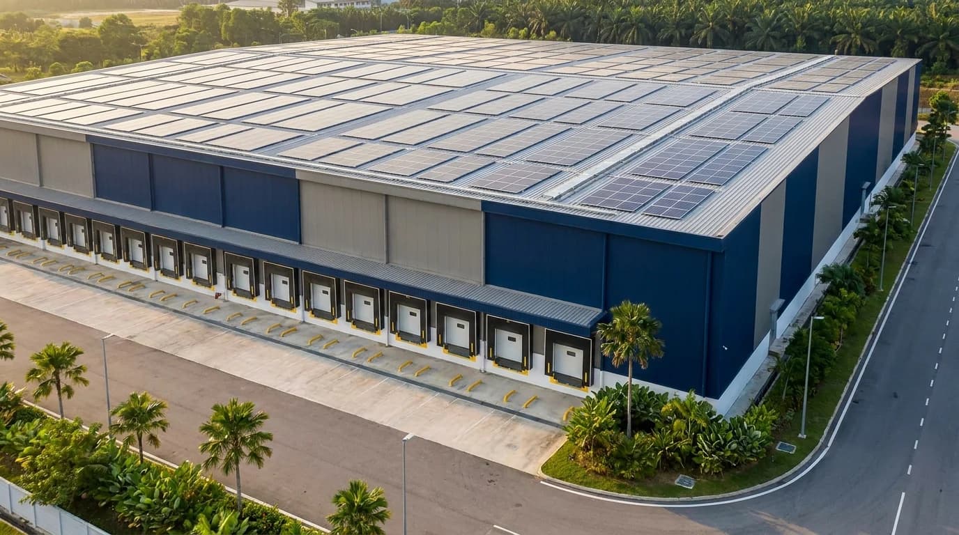 Konsep ilustrasi fasiliti storan sejuk & logistik di Malaysia dengan panel solar atas bumbung