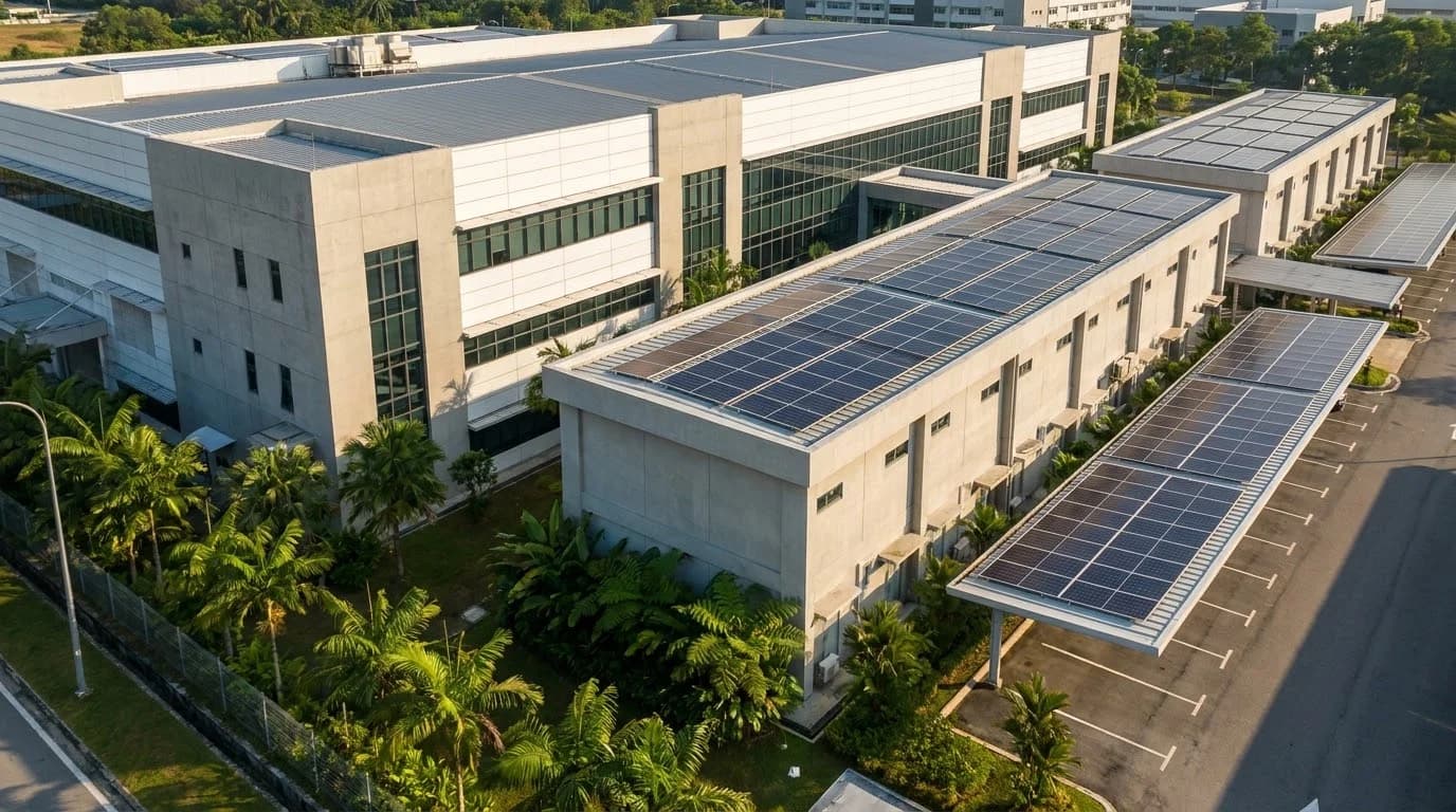 Konsep ilustrasi fasiliti elektronik & semikonduktor di Malaysia dengan panel solar atas bumbung