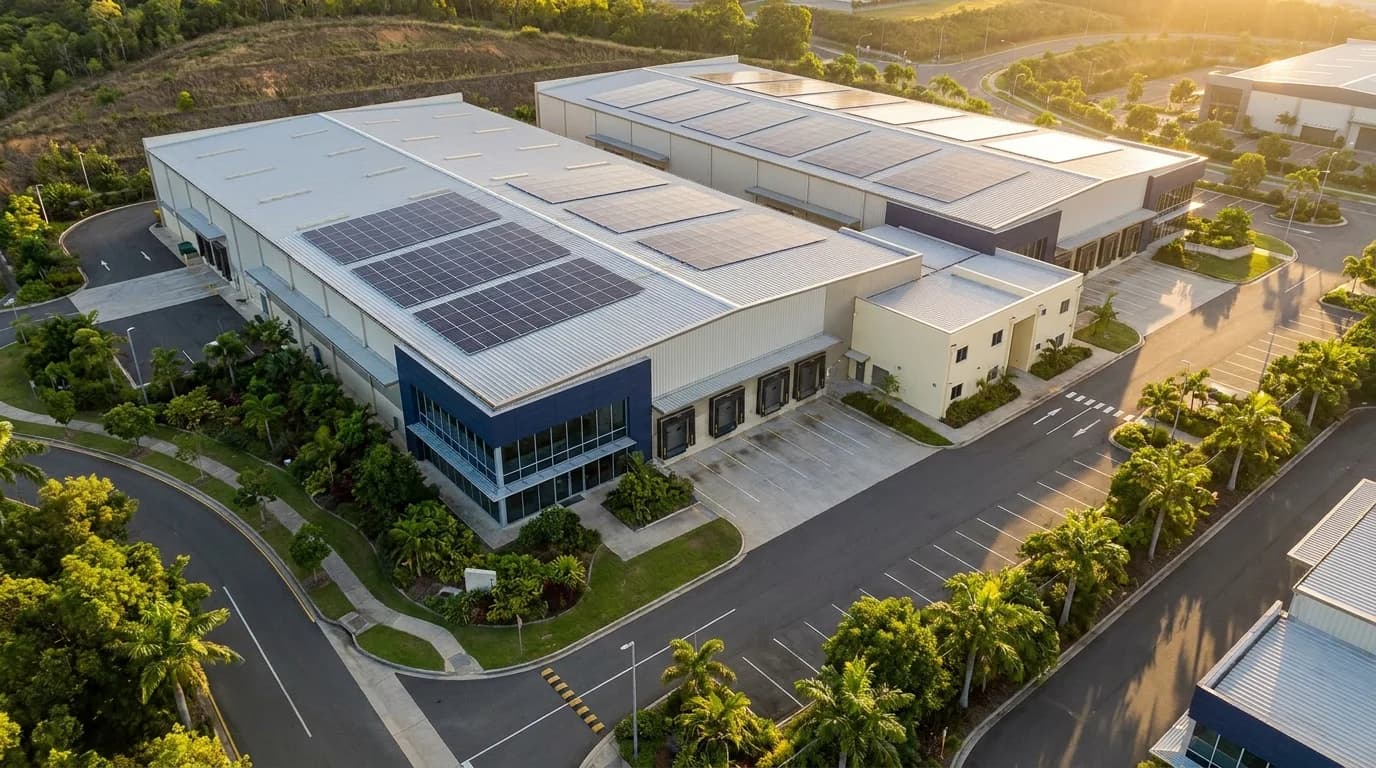 Ilustrasi kampus industri di Malaysia dengan tatasusunan panel solar di atas bumbung pembuatan dan akses penyelenggaraan yang jelas