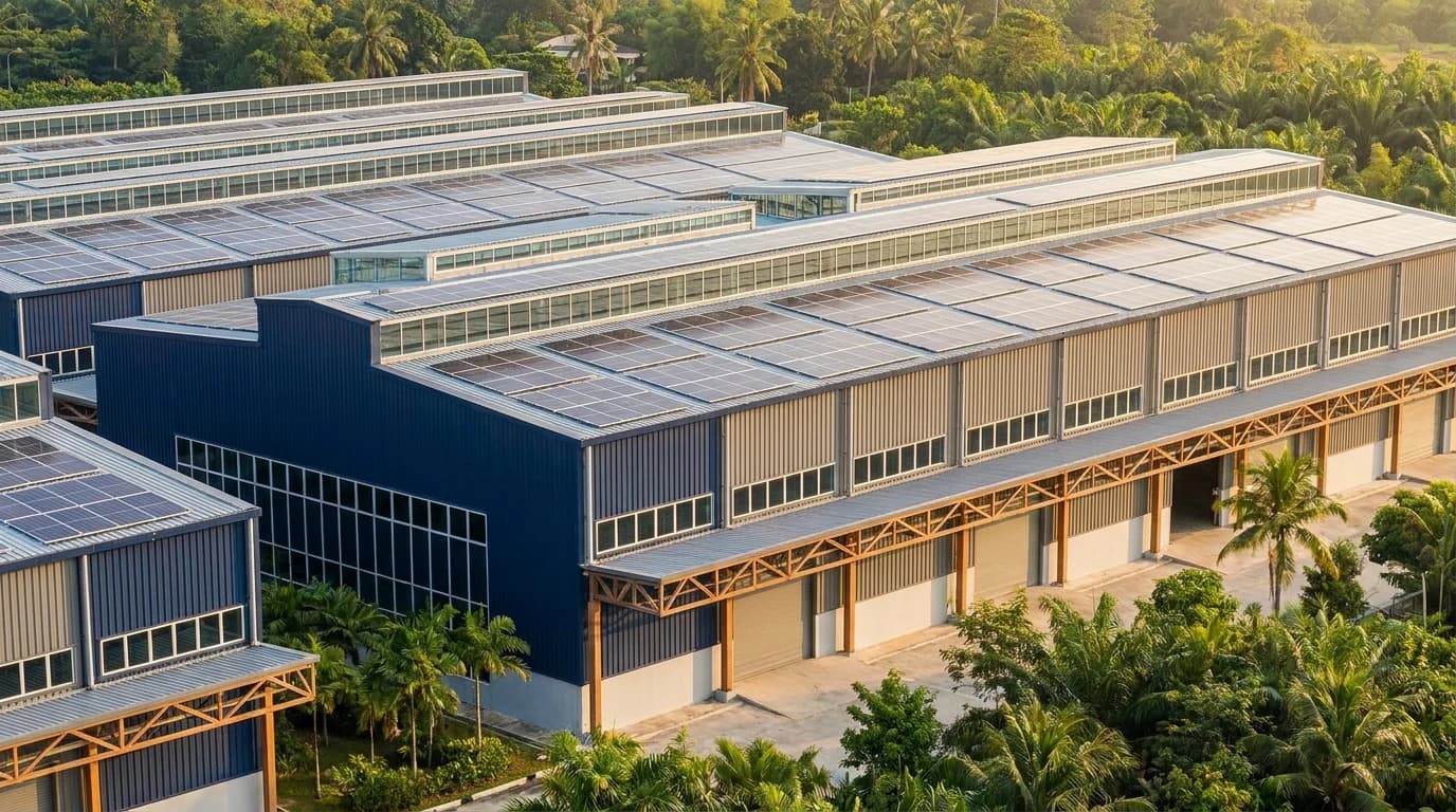 Konsep ilustrasi fasiliti perabot & produk kayu di Malaysia dengan panel solar atas bumbung