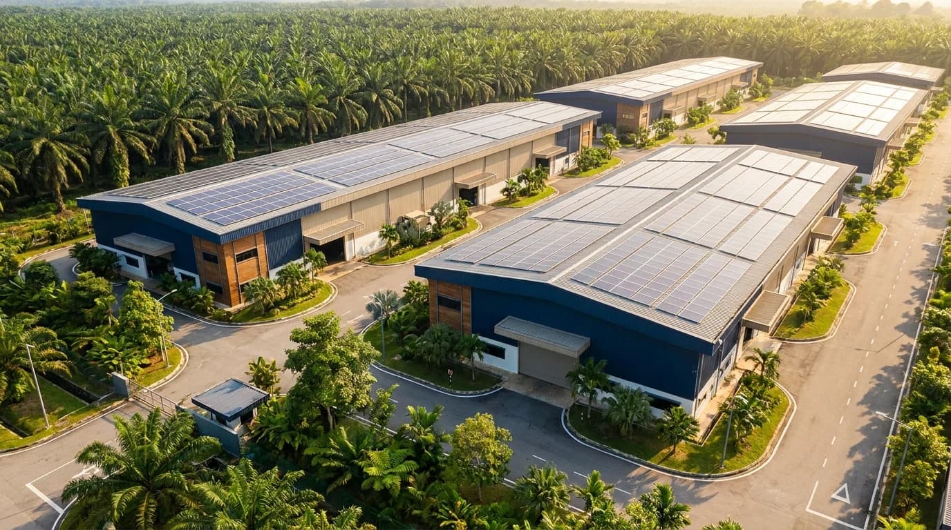 Konsep ilustrasi fasiliti kelapa sawit & pertanian di Malaysia dengan panel solar atas bumbung