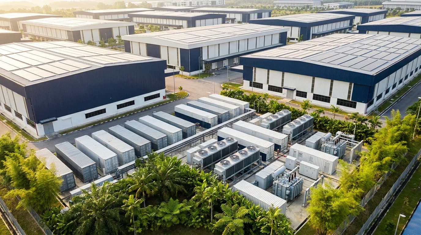 Kampus perindustrian ilustrasi dengan panel solar bumbung teragih dan kawasan bateri