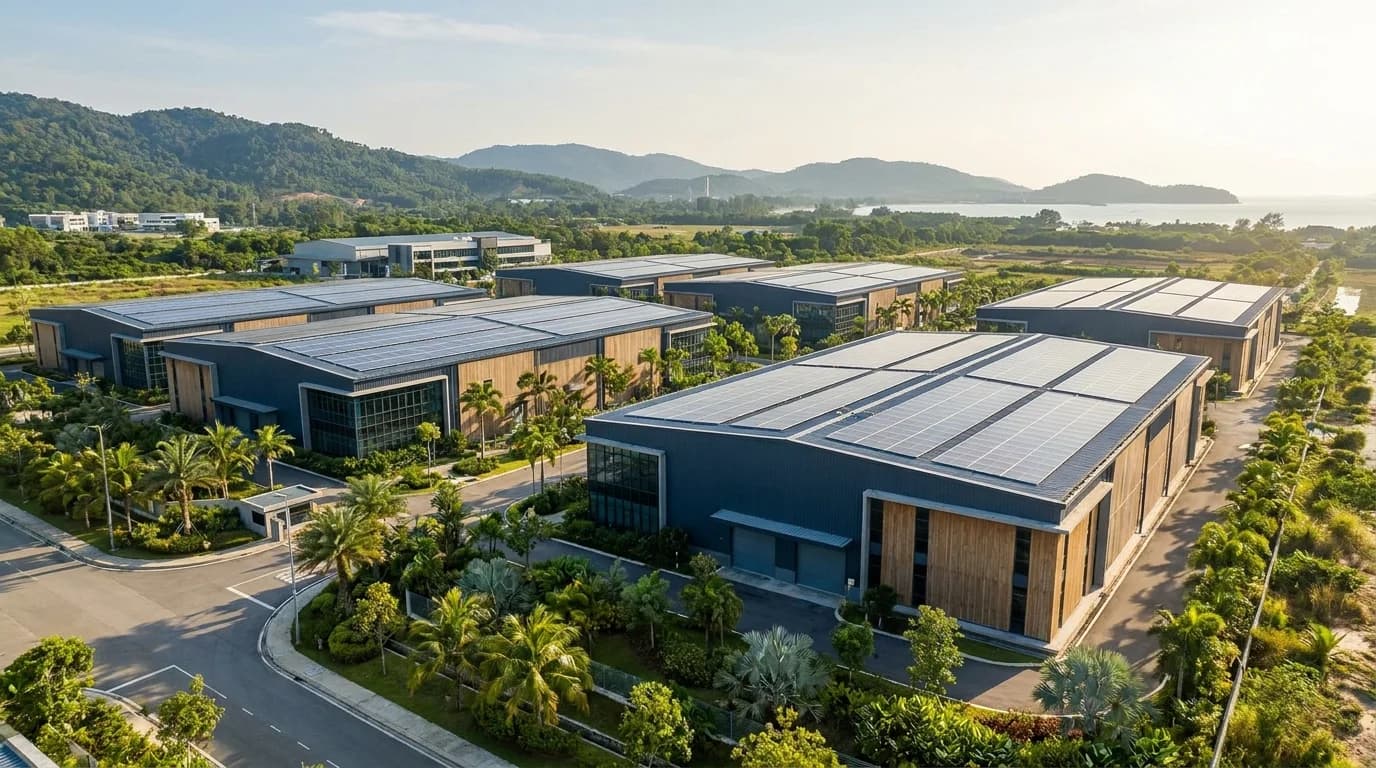 Konsep AI ilustrasi bagi solar atas bumbung untuk Taman Perindustrian Batu Kawan, Penang