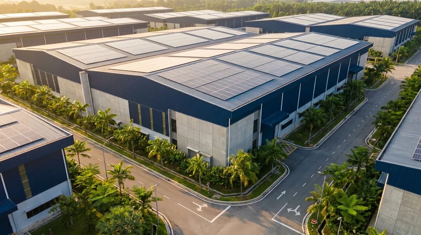 Konsep ilustrasi AI bagi solar atas bumbung di sebuah taman perindustrian Malaysia
