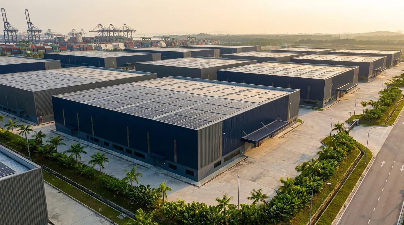 Konsep AI ilustrasi solar untuk fasiliti berhampiran pelabuhan Pulau Indah