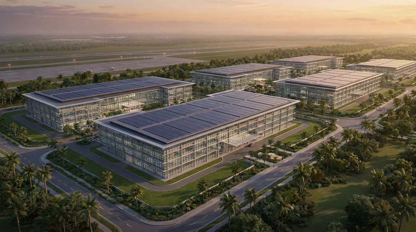 Konsep AI ilustrasi solar untuk fasiliti logistik Senai Airport City