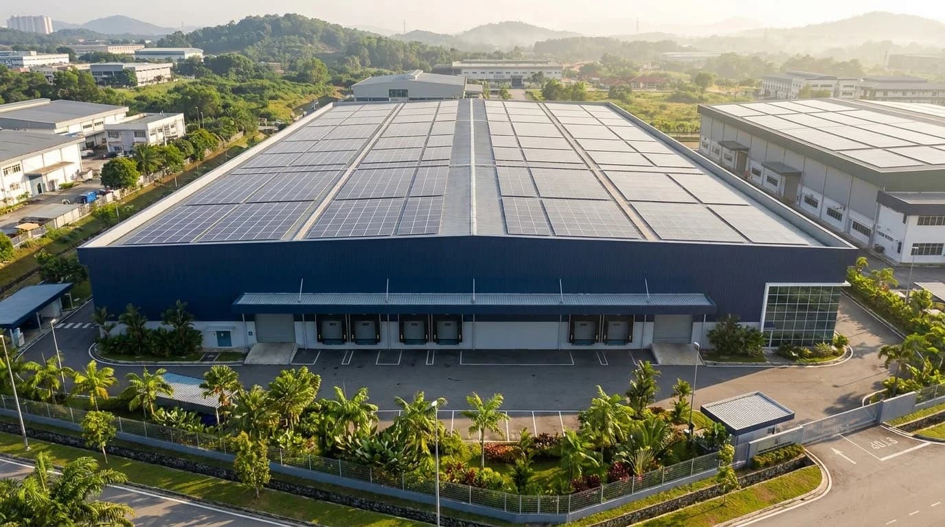 Konsep ilustrasi fasiliti plastik & pembungkusan di Malaysia dengan panel solar atas bumbung