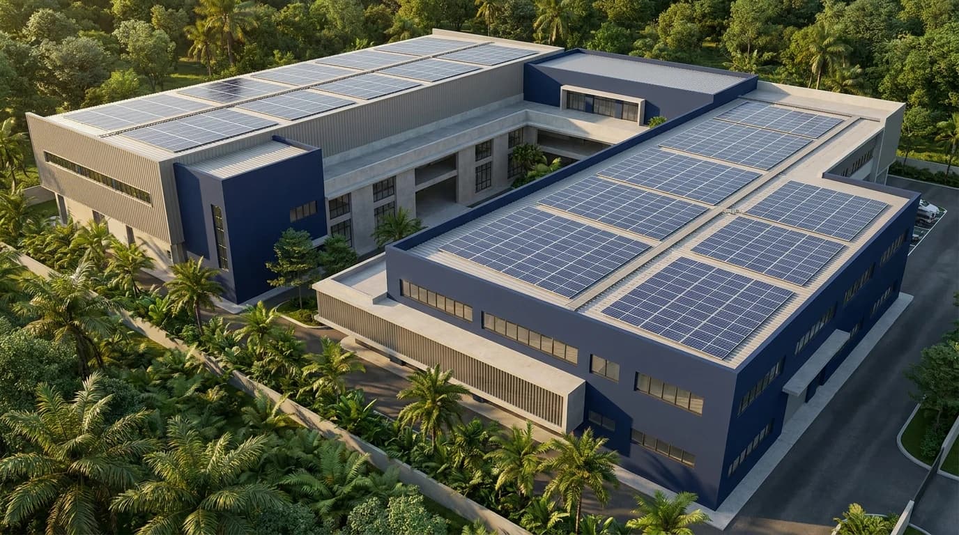 Konsep ilustrasi fasiliti percetakan & pembungkusan di Malaysia dengan panel solar atas bumbung