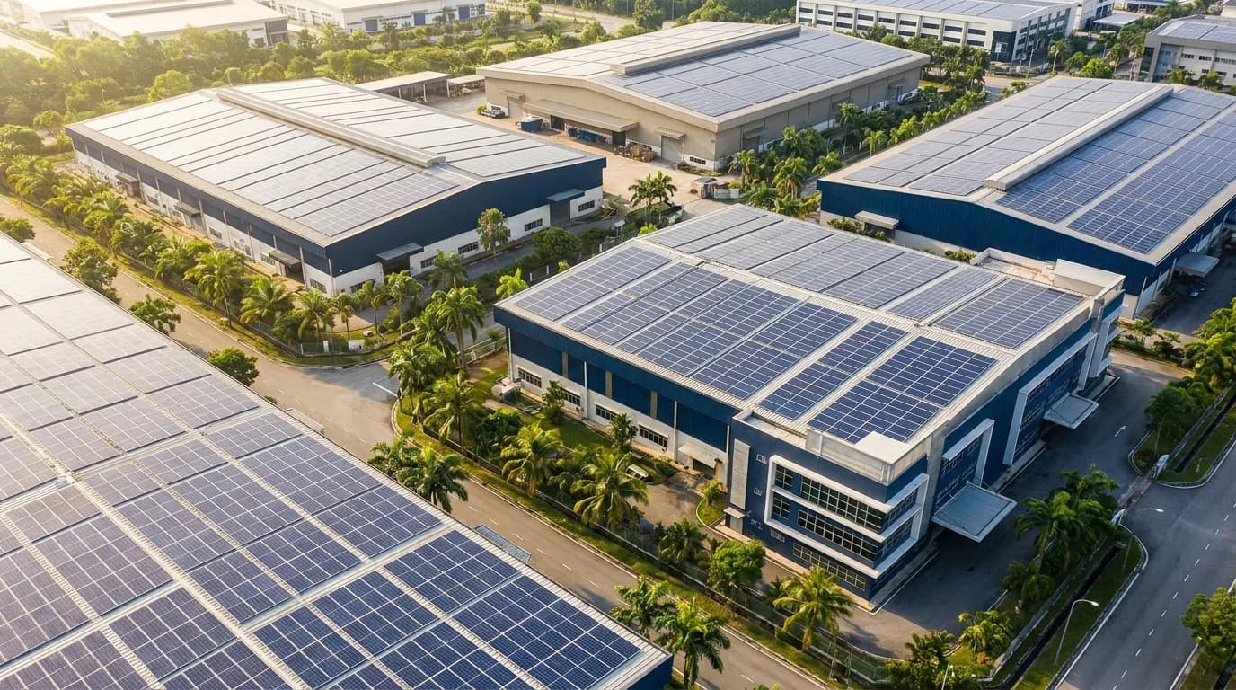 Konsep AI ilustrasi solar atas bumbung komersial dan industri di Malaysia