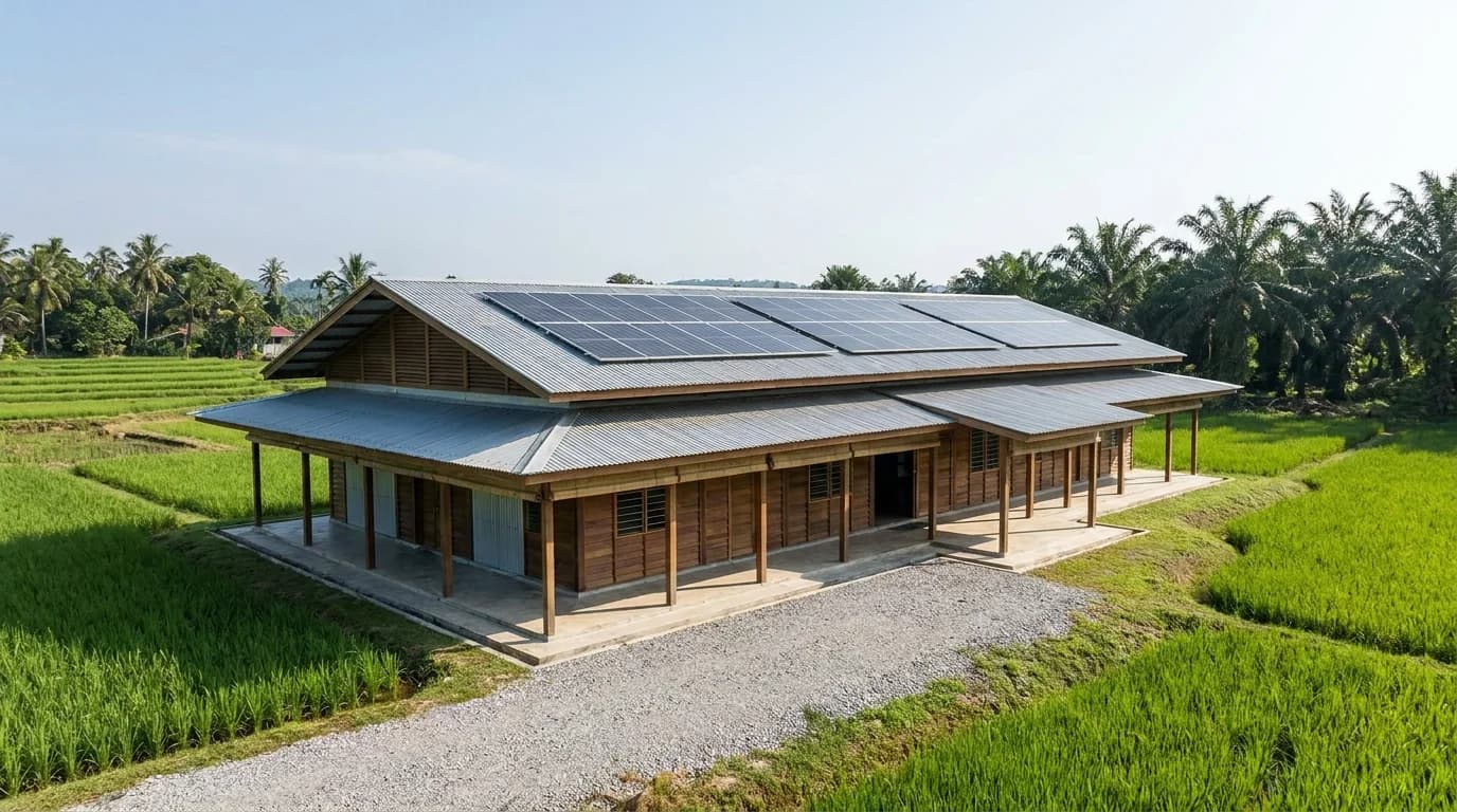 Ilustrasi bangunan komuniti luar bandar dengan panel solar dan laluan pejalan kaki berbumbung yang teduh