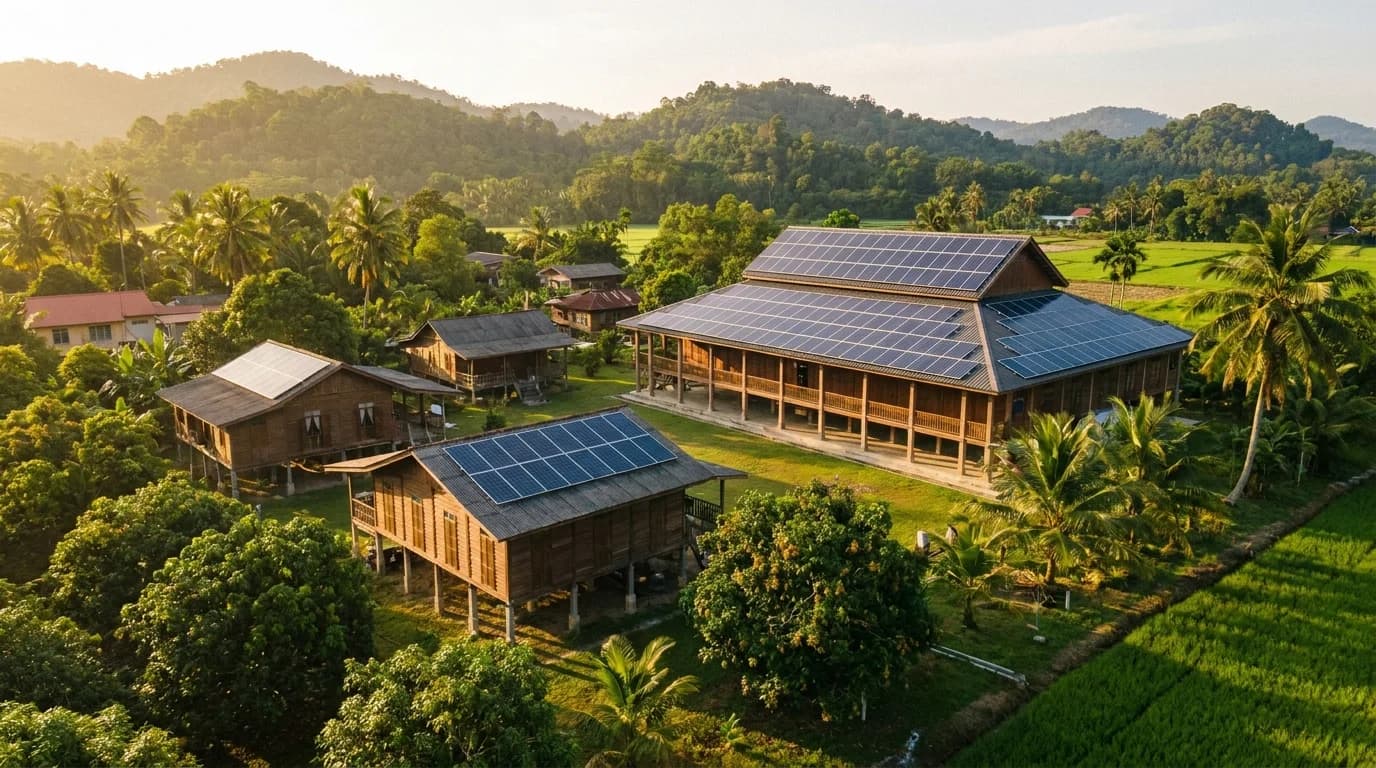 Ilustrasi perkampungan Malaysia dengan bumbung solar dan dewan komuniti di kawasan bukit tropika
