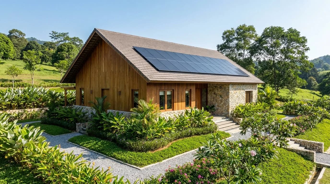 Ilustrasi rumah kayu dan konkrit luar bandar dengan panel solar serta taman tropika
