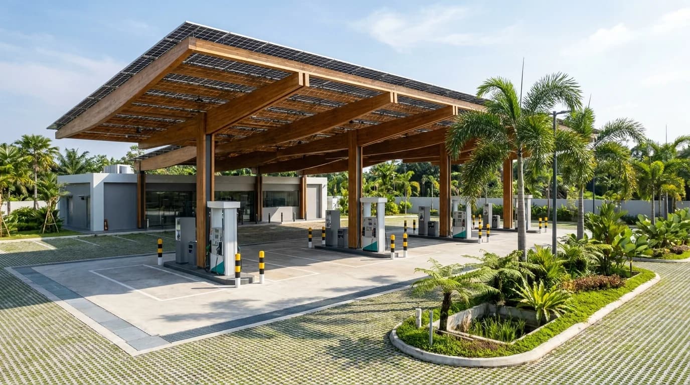 Stesen minyak Malaysia berilustrasi dengan kanopi solar
