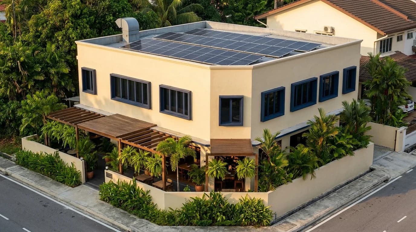 Konsep ilustrasi restoran Malaysia dengan panel solar atas bumbung dan teres makan berbumbung