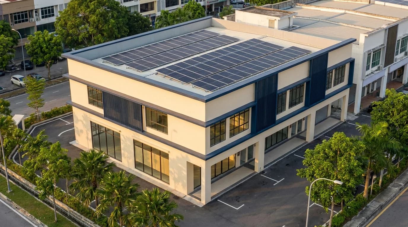 Ilustrasi rumah kedai Malaysia dengan panel solar atas bumbung, dijana dalam Google Flow