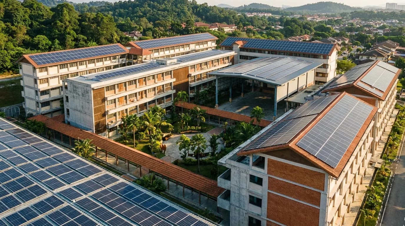 Ilustrasi sekolah Malaysia dengan solar atas bumbung