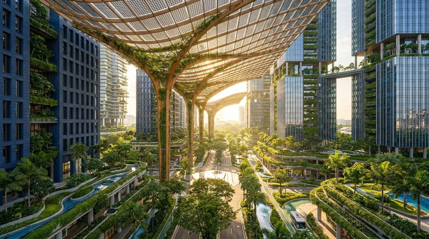 AI-generated illustrative concept: Urban Singapore high-rise commercial solar consulting and installer tender