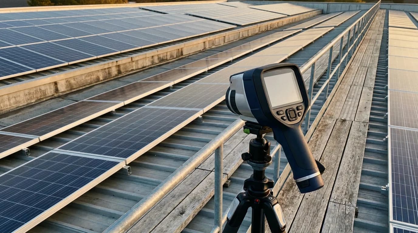 Konsep ilustrasi janaan AI: imbasan pengimejan terma dron dan pemeriksaan teknikal panel solar PV