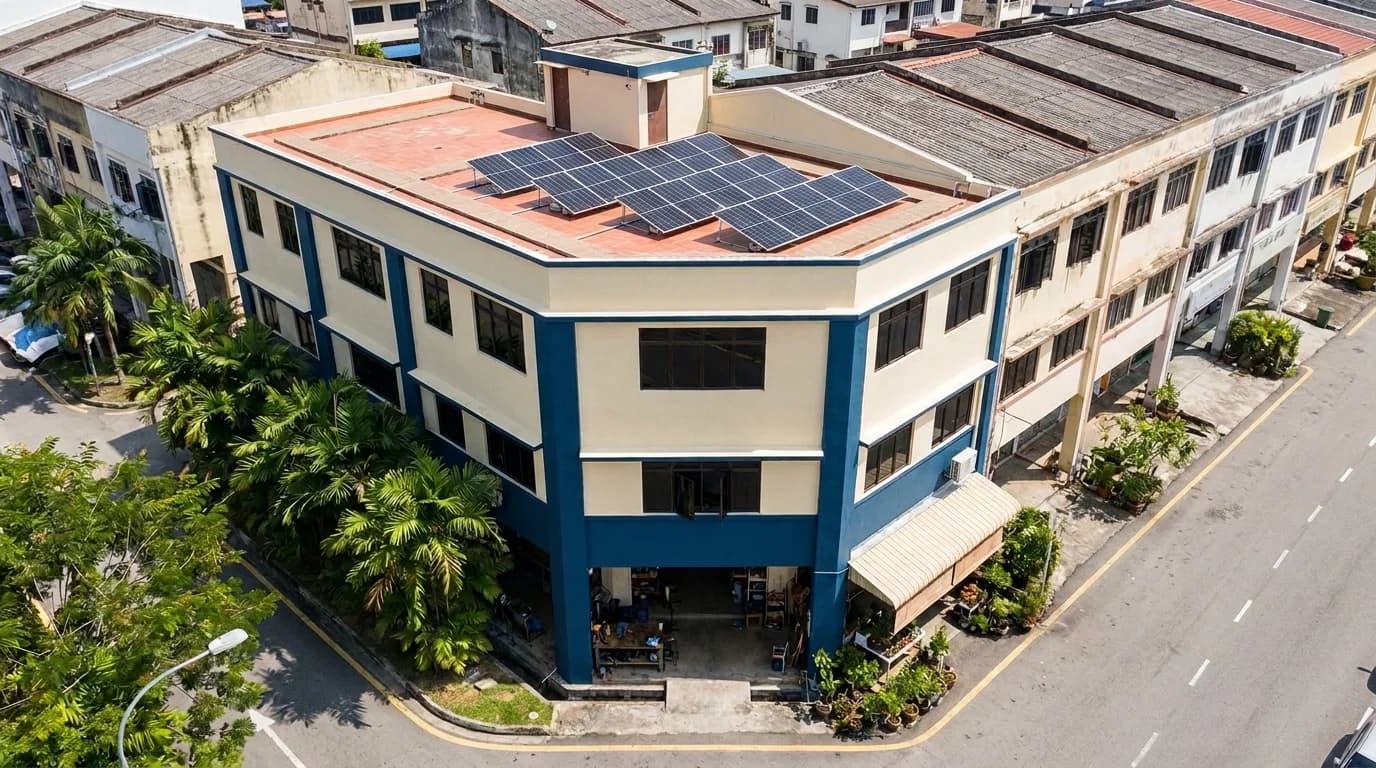 Ilustrasi lot kedai sudut PKS Malaysia dengan panel solar atas bumbung