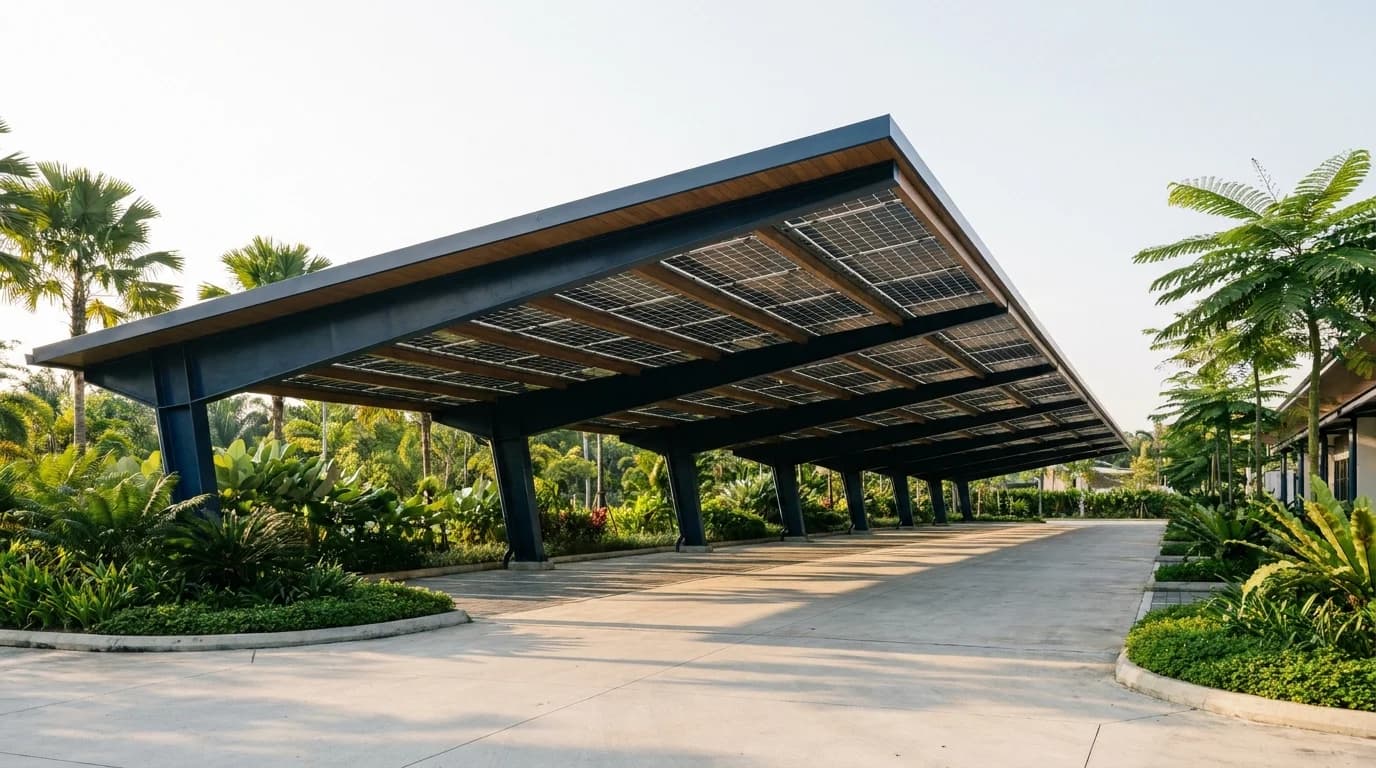 Konsep solar carport Malaysia yang ilustratif, dijana dalam Google Flow