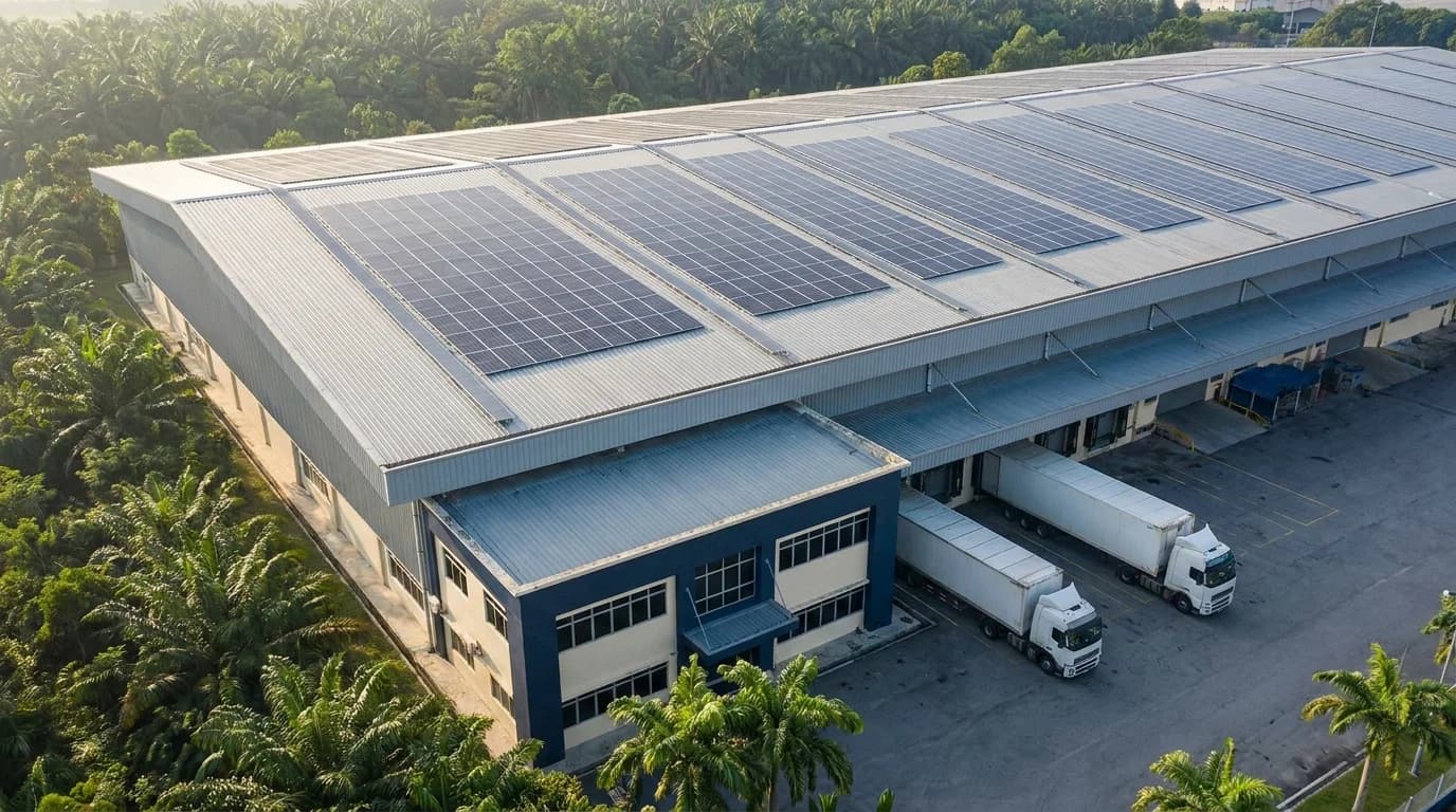 Pusat pengedaran ilustrasi di Malaysia dengan solar atas bumbung dan akses pemuatan yang jelas